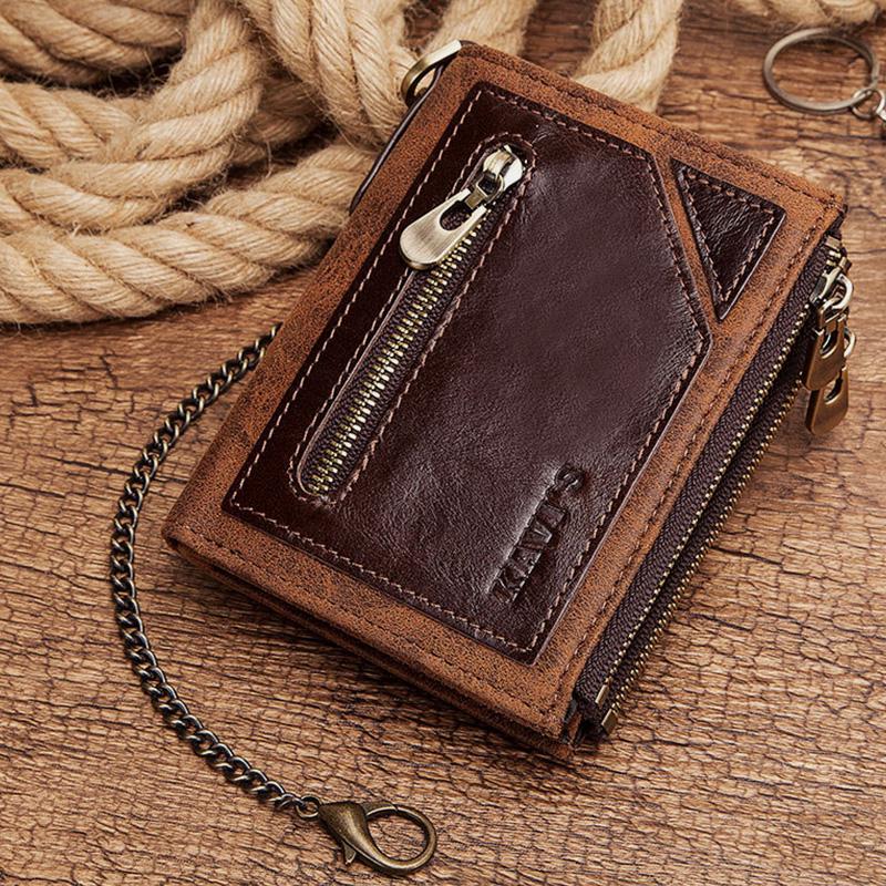 Vintage RFID Echtleder Bifold Münzgeldbörse mit Kette