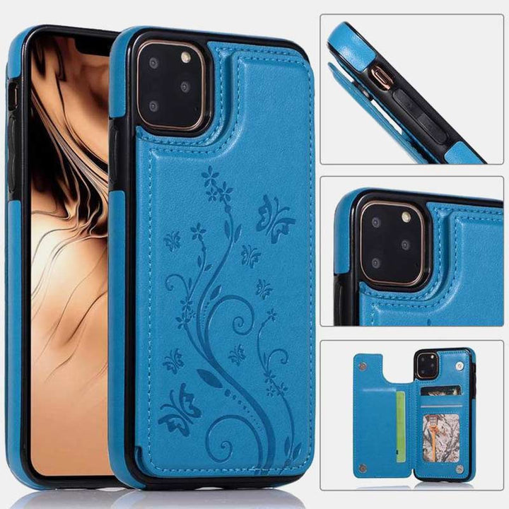 Handyhülle mit Ständer für iPhone mit Kartenhalter, doppelter Magnetverschluss