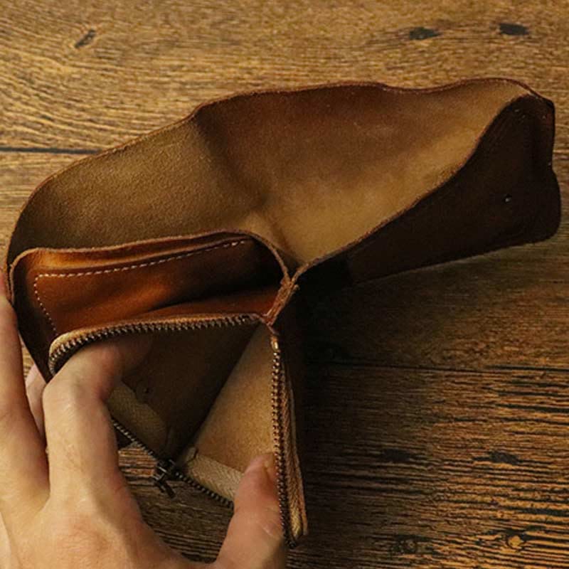 Ledergeldbörse für Herren, doppelt faltbar, Vintage, kurze Geldbörse mit Reißverschluss - image 3