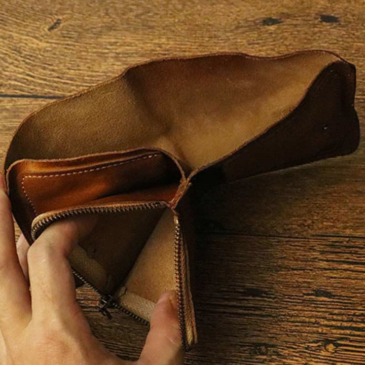 Ledergeldbörse für Herren, doppelt faltbar, Vintage, kurze Geldbörse mit Reißverschluss - image 3