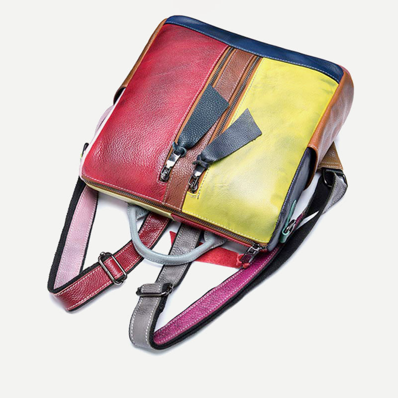 Damen Rucksack Handtasche Cabrio Schultertasche Echtleder Colorblock Casual Daypack