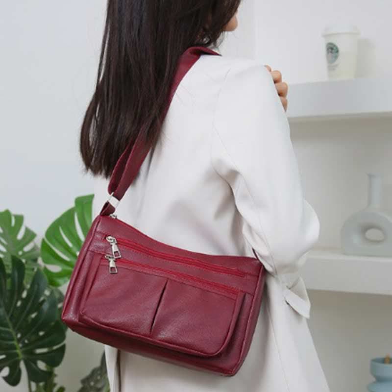 Umhängetasche mit 3 Reißverschlüssen für Damen, leichte, wasserdichte Schultertasche aus Leder