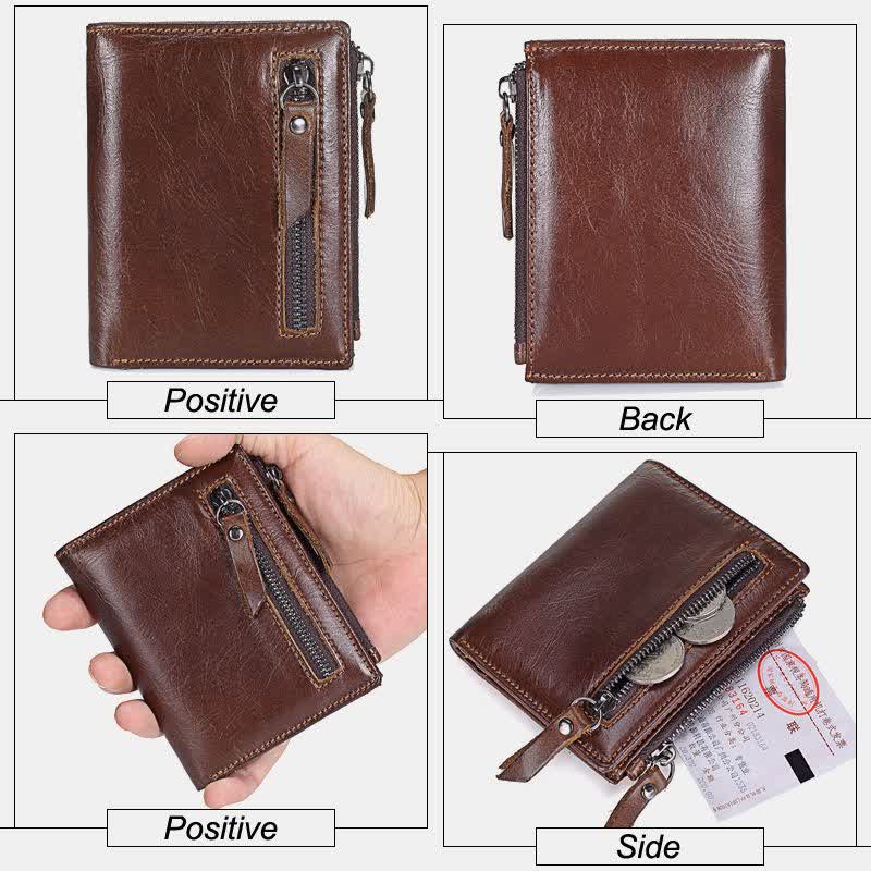 Bifold-Geldbörse für Herren aus echtem Leder mit Kartenhalter und doppeltem Reißverschlussfach