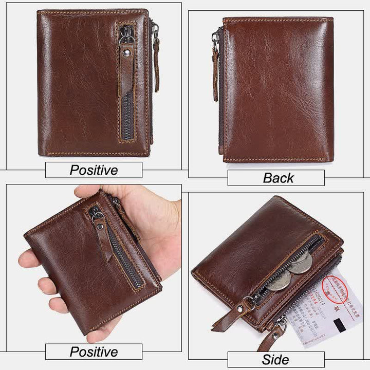 Bifold-Geldbörse für Herren aus echtem Leder mit Kartenhalter und doppeltem Reißverschlussfach