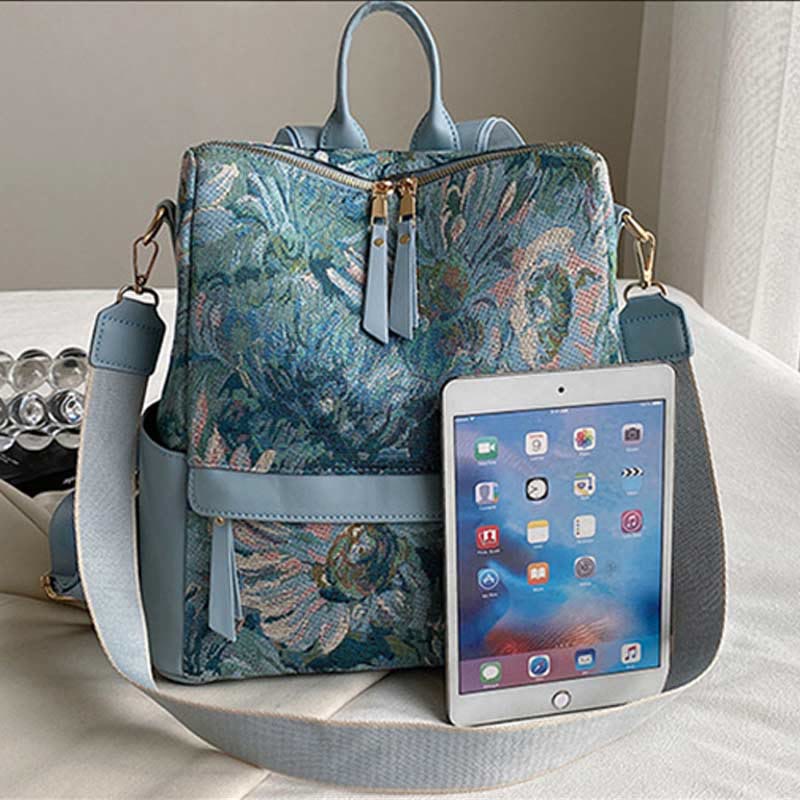 Rucksack aus Canvas mit Ölgemälde-Motiv, Retro-Hahnentrittmuster, großer Studenten-Tagesrucksack