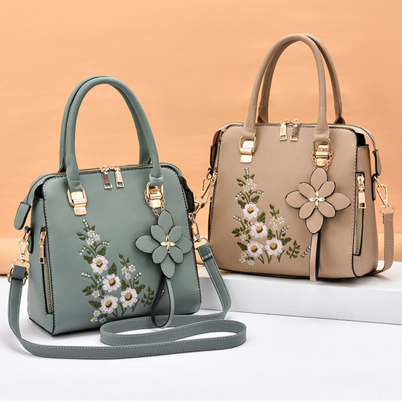 Florale Lederhandtasche für Damen, elegante Umhängetasche