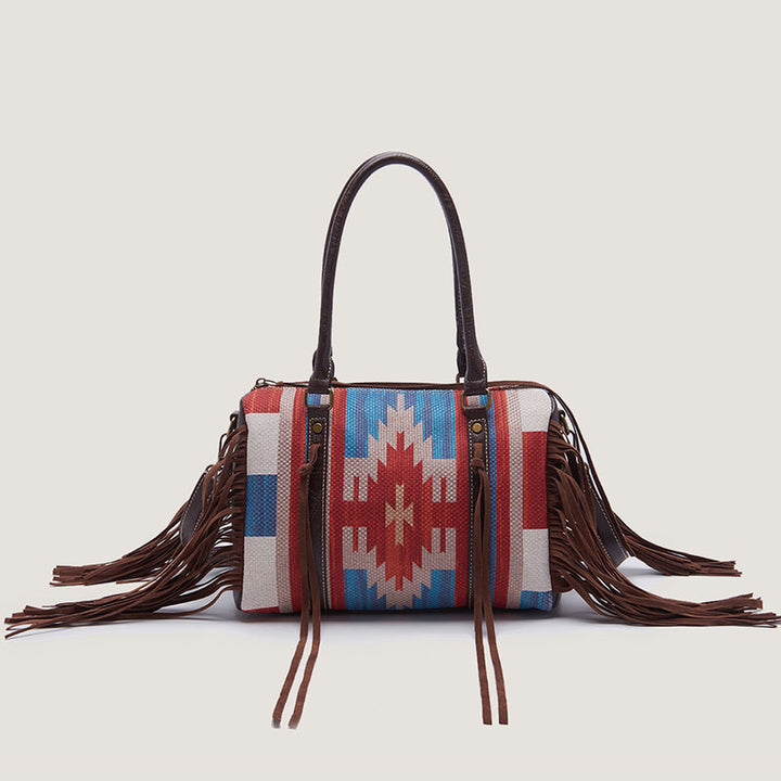 Vintage Handgewebte Boho Tote Tasche mit Quaste und Henkel und Umhängegurt