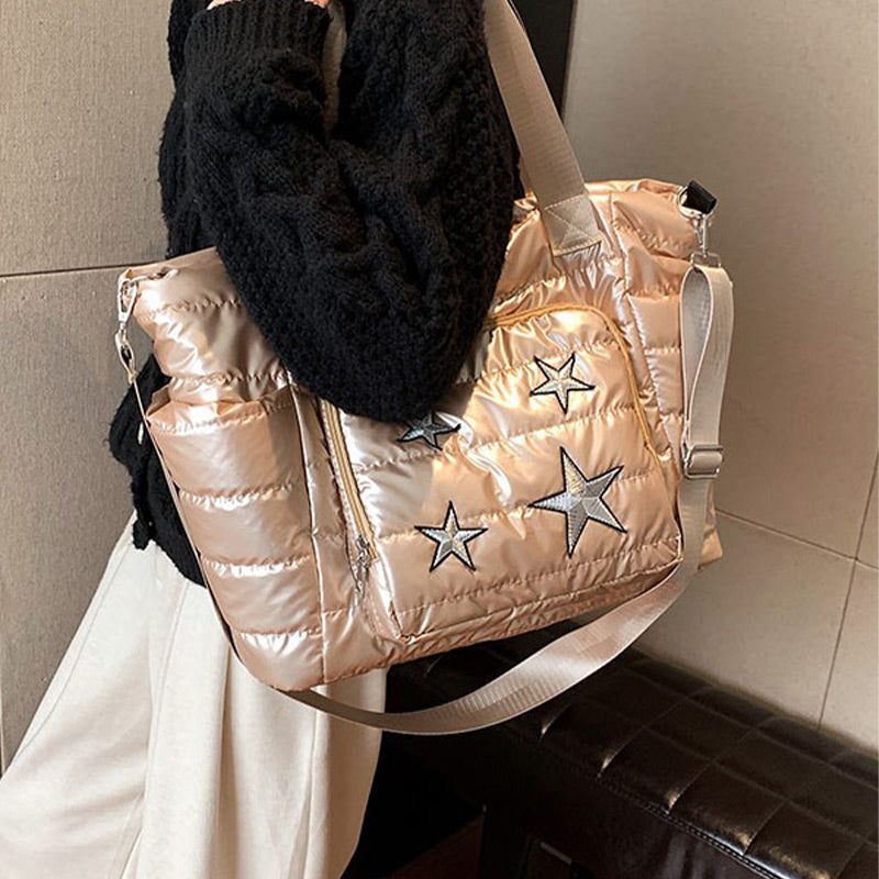 Daunen-Tragetasche für Damen, Winter, breite Riemen, Handtasche, Umhängetasche