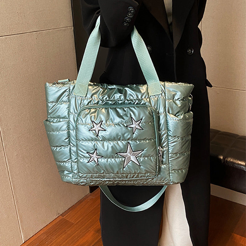 Daunen-Tragetasche für Damen, Winter, breite Riemen, Handtasche, Umhängetasche