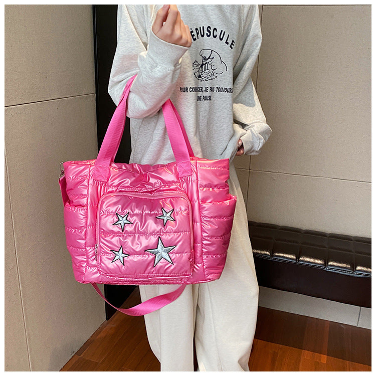 Daunen-Tragetasche für Damen, Winter, breite Riemen, Handtasche, Umhängetasche