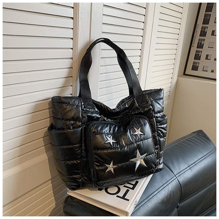 Daunen-Tragetasche für Damen, Winter, breite Riemen, Handtasche, Umhängetasche