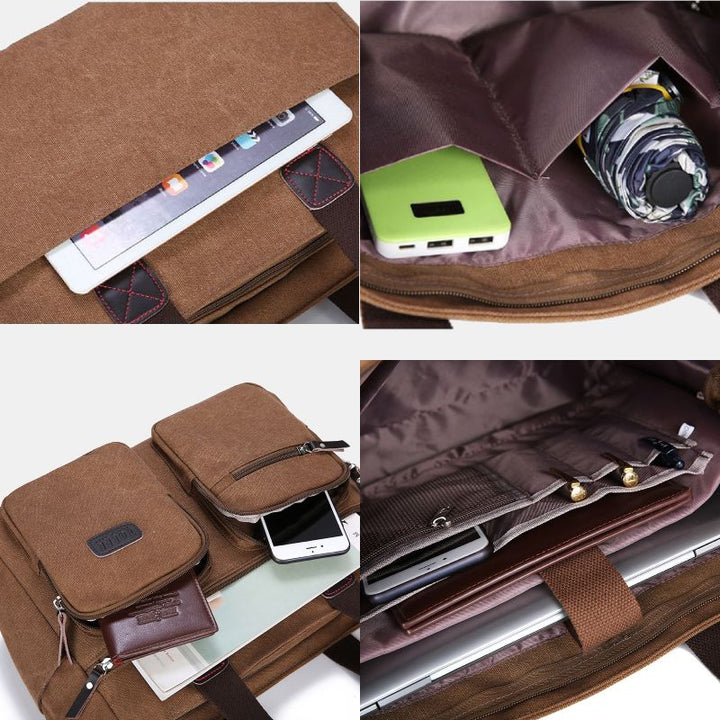 Tragetasche mit mehreren Taschen für Damen und Herren, Retro-Laptoptasche aus Segeltuch