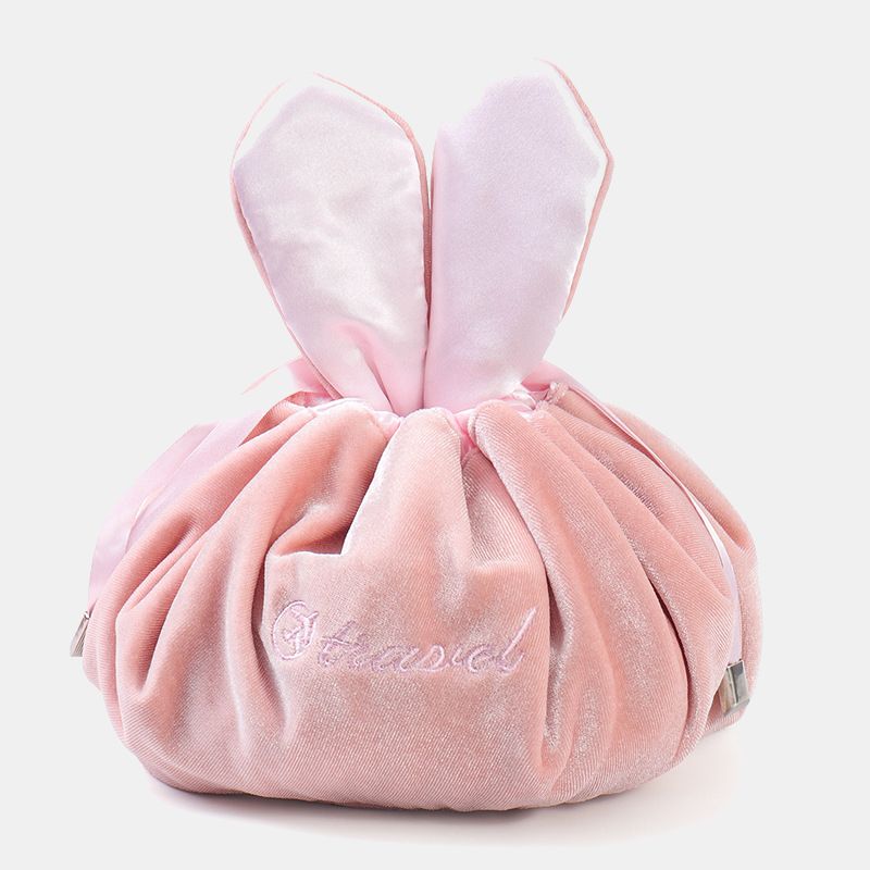 Niedliche Schminktasche mit Kordelzug und Häschenohren, Aufbewahrungstasche aus Samt mit Stickerei