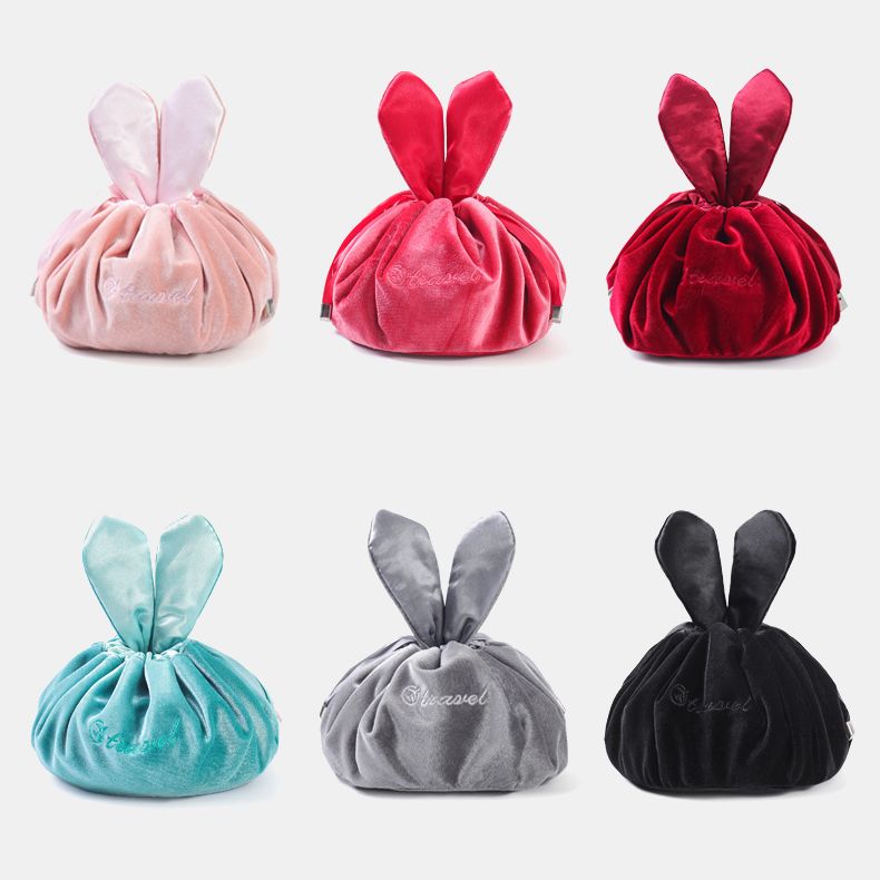 Niedliche Schminktasche mit Kordelzug und Häschenohren, Aufbewahrungstasche aus Samt mit Stickerei