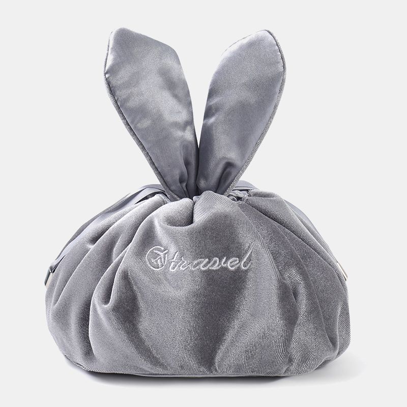 Niedliche Schminktasche mit Kordelzug und Häschenohren, Aufbewahrungstasche aus Samt mit Stickerei