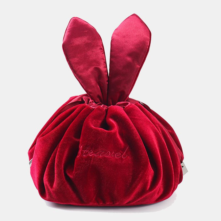 Niedliche Schminktasche mit Kordelzug und Häschenohren, Aufbewahrungstasche aus Samt mit Stickerei