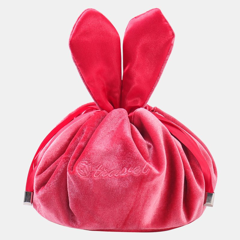 Niedliche Schminktasche mit Kordelzug und Häschenohren, Aufbewahrungstasche aus Samt mit Stickerei