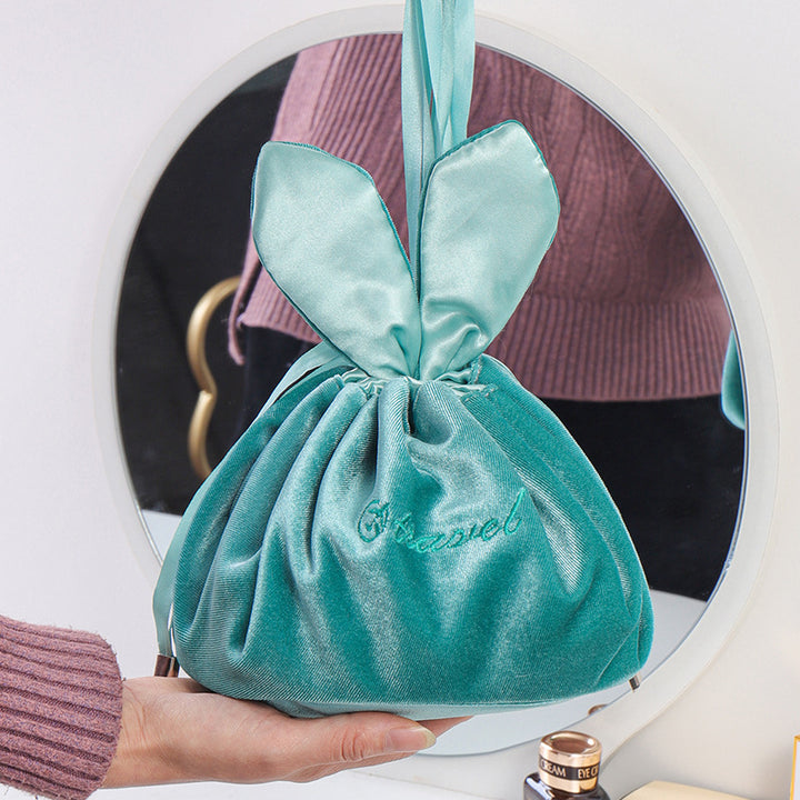 Niedliche Schminktasche mit Kordelzug und Häschenohren, Aufbewahrungstasche aus Samt mit Stickerei