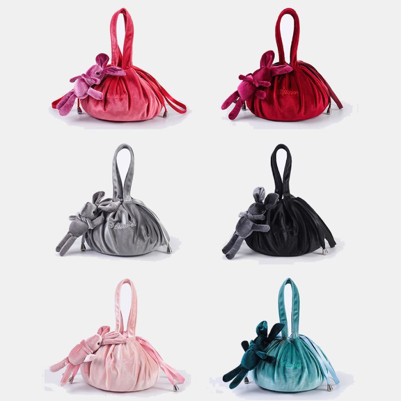 Niedliche Schminktasche mit Kordelzug und Häschenohren, Aufbewahrungstasche aus Samt mit Stickerei