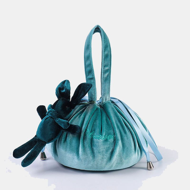Niedliche Schminktasche mit Kordelzug und Häschenohren, Aufbewahrungstasche aus Samt mit Stickerei