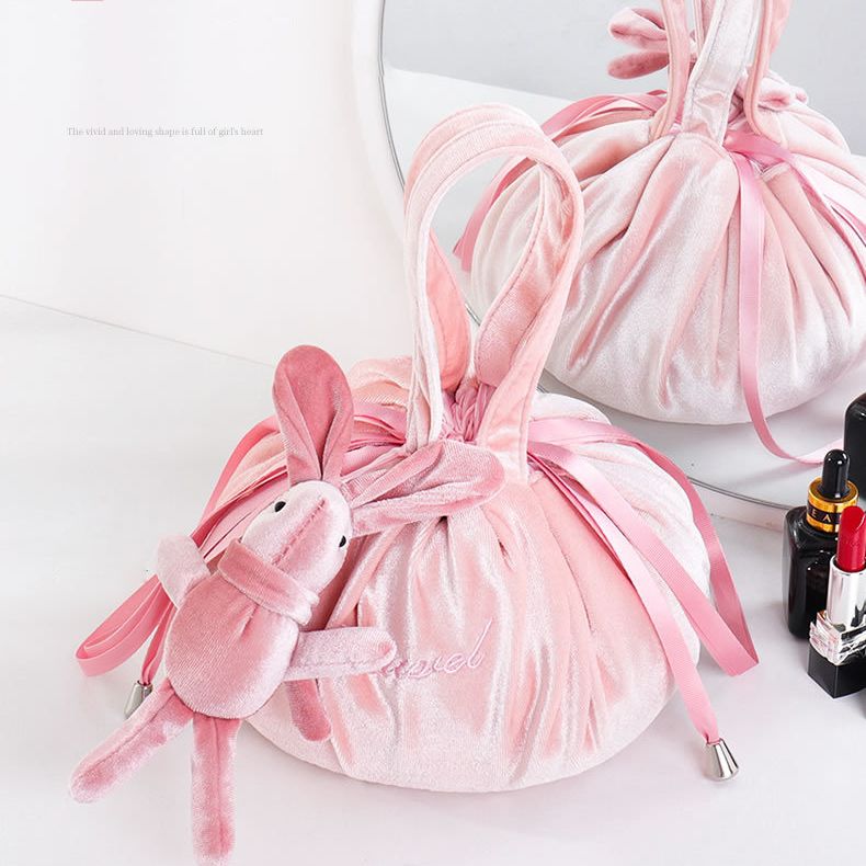 Niedliche Schminktasche mit Kordelzug und Häschenohren, Aufbewahrungstasche aus Samt mit Stickerei