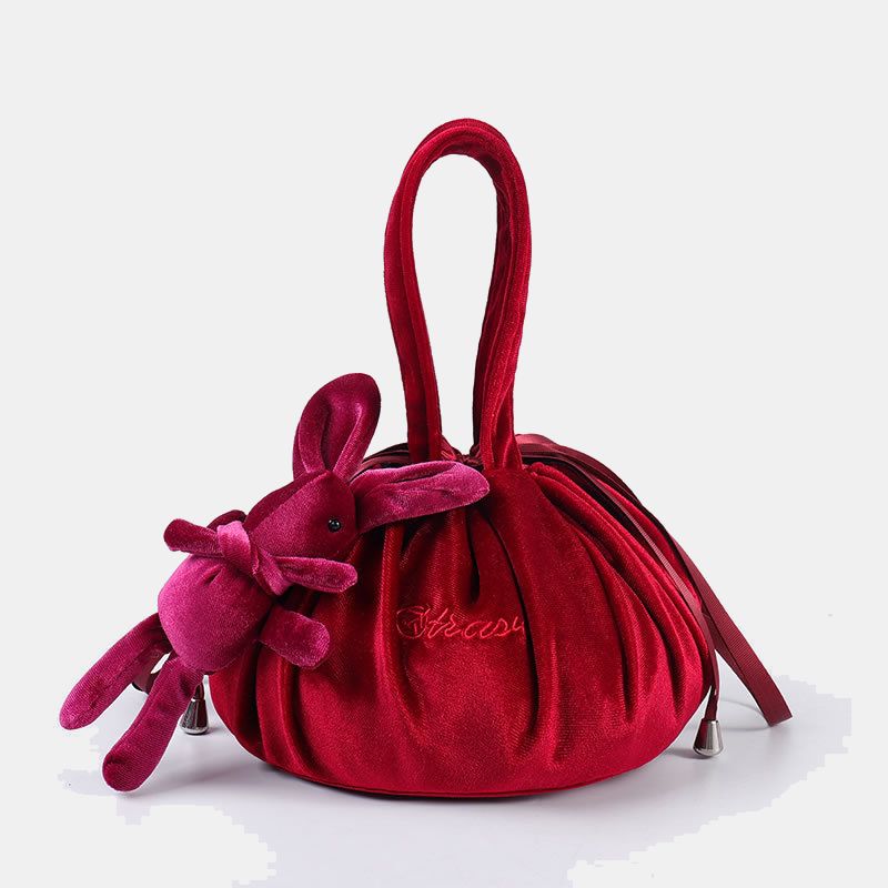 Niedliche Schminktasche mit Kordelzug und Häschenohren, Aufbewahrungstasche aus Samt mit Stickerei