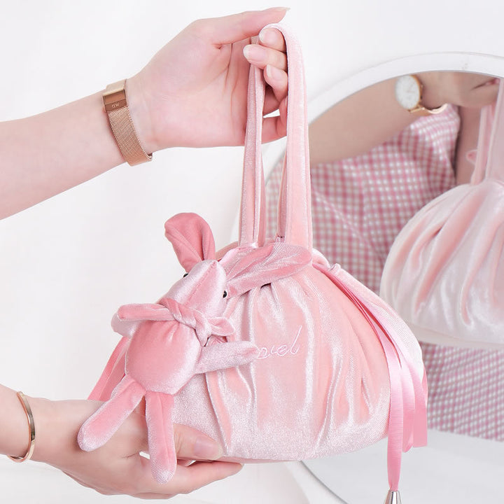 Niedliche Schminktasche mit Kordelzug und Häschenohren, Aufbewahrungstasche aus Samt mit Stickerei