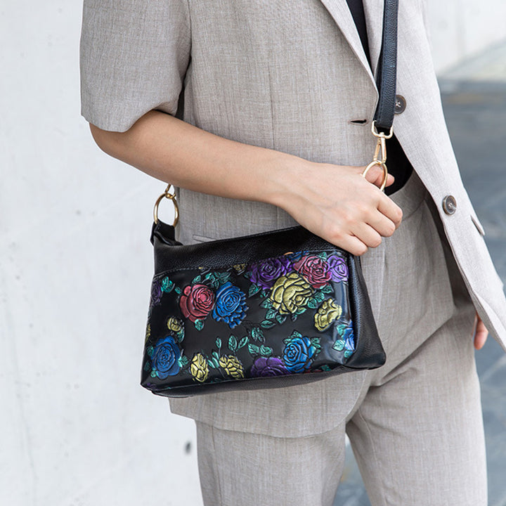 Umhängetasche mit Blumenprägung für Damen, klassische Ledergeldbörse
