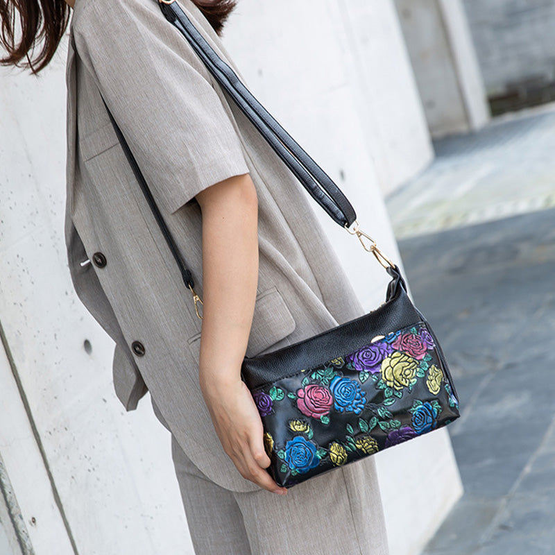 Umhängetasche mit Blumenprägung für Damen, klassische Ledergeldbörse