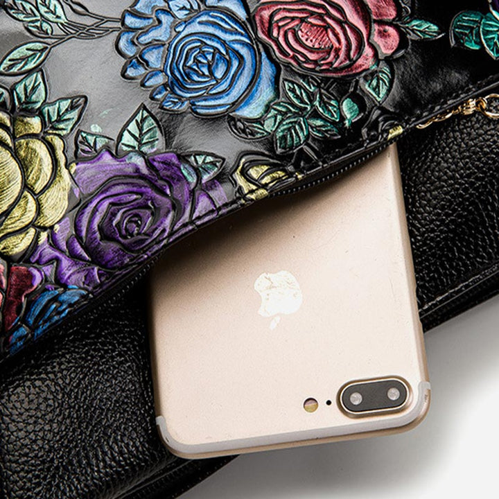 Umhängetasche mit Blumenprägung für Damen, klassische Ledergeldbörse