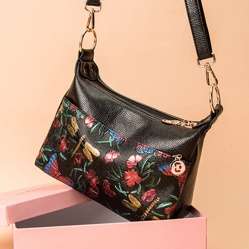 Umhängetasche mit Blumenprägung für Damen, klassische Ledergeldbörse