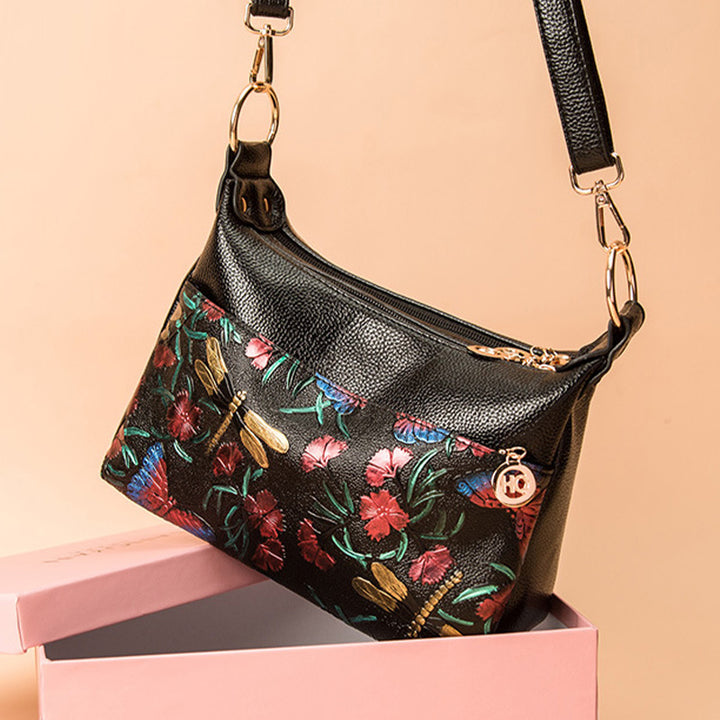 Umhängetasche mit Blumenprägung für Damen, klassische Ledergeldbörse