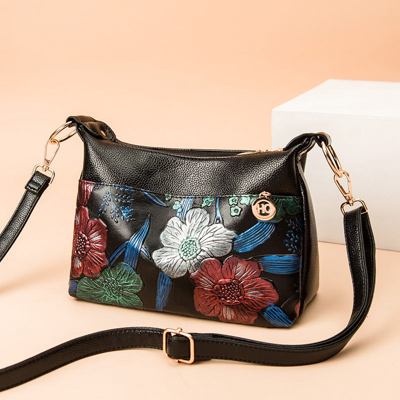 Umhängetasche mit Blumenprägung für Damen, klassische Ledergeldbörse