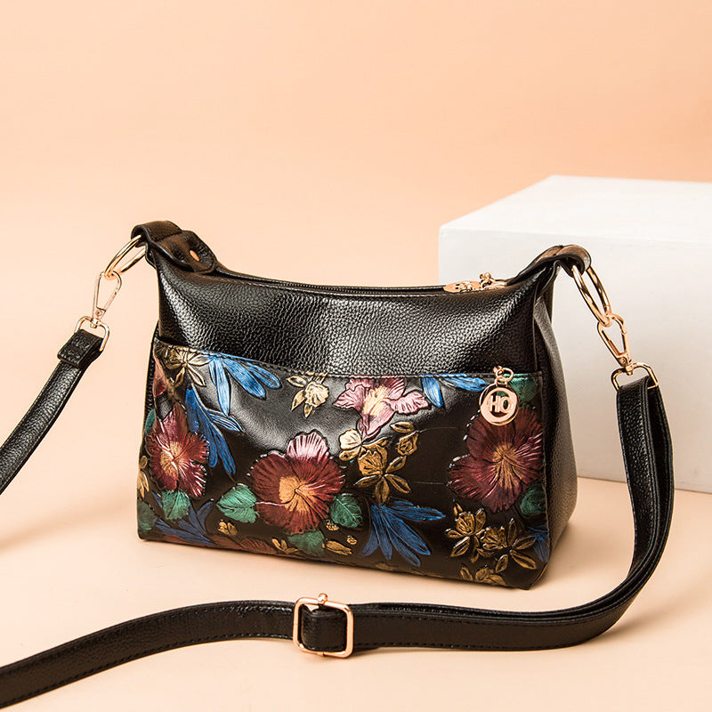 Umhängetasche mit Blumenprägung für Damen, klassische Ledergeldbörse