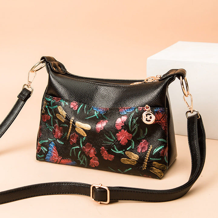 Umhängetasche mit Blumenprägung für Damen, klassische Ledergeldbörse