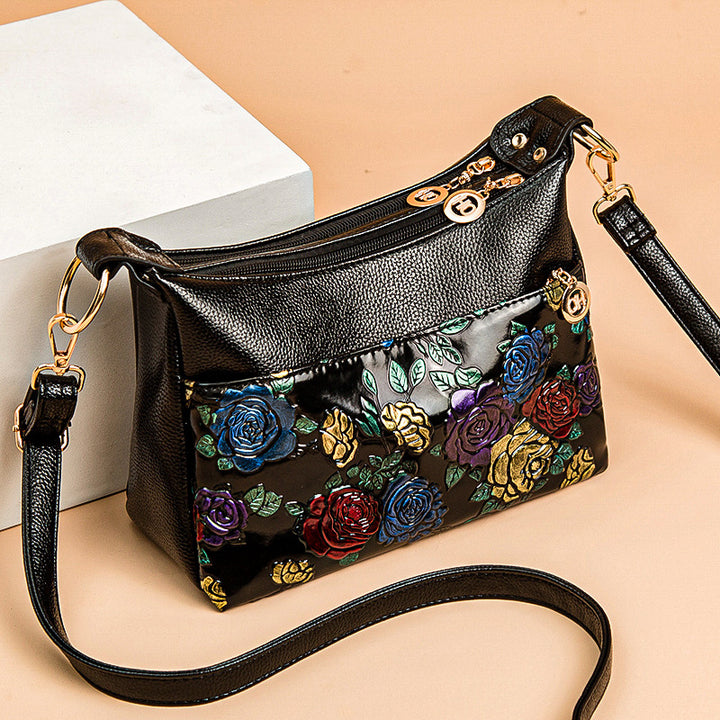 Umhängetasche mit Blumenprägung für Damen, klassische Ledergeldbörse