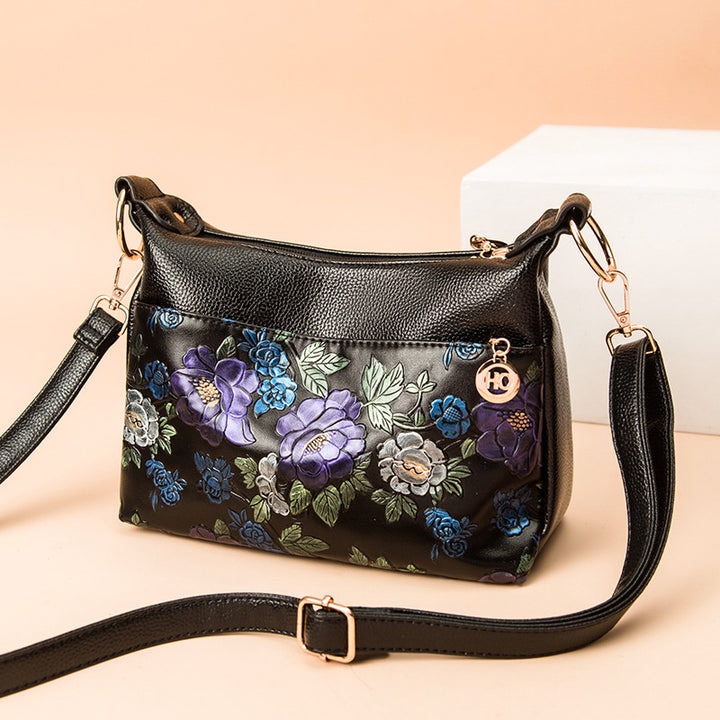 Umhängetasche mit Blumenprägung für Damen, klassische Ledergeldbörse
