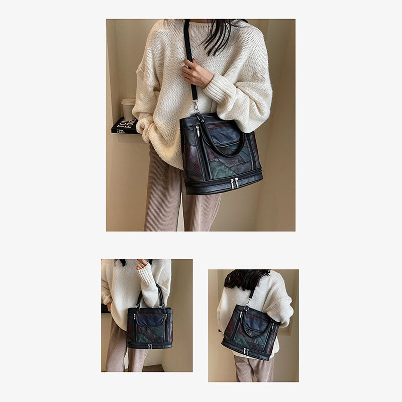 Doppelfach Tote Damen Große Kunstleder Handtasche Umhängetasche