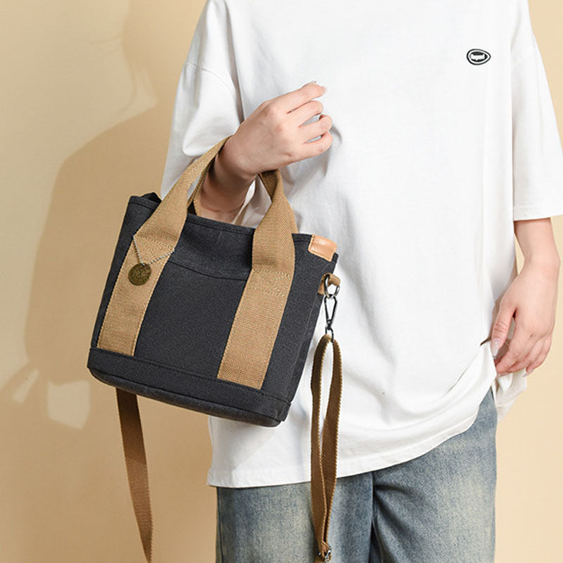 Tragbare Canvas-Handtasche mit Farbkontrast, leichte Umhängetasche, Pendlertasche