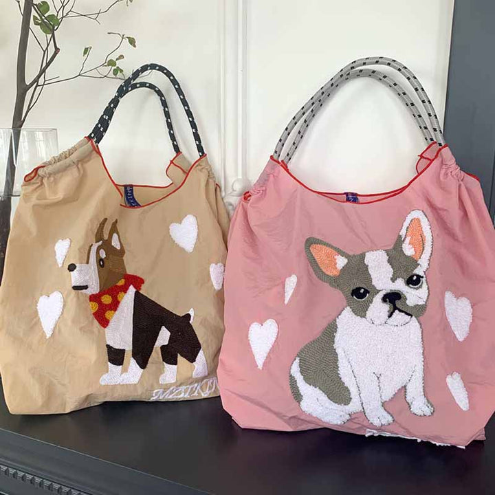 Süße Handtasche mit Hundestickerei, langlebige Umhängetasche mit Kordelzug für Damen