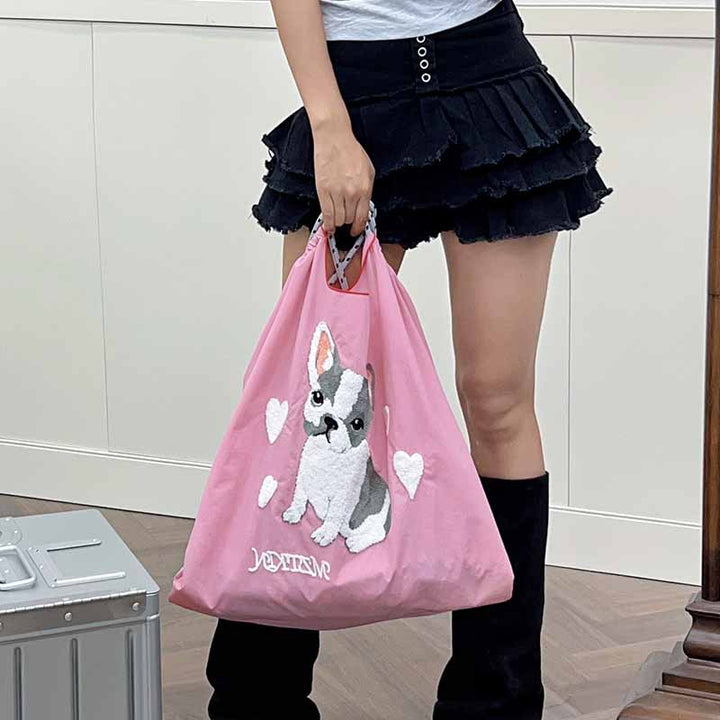 Süße Handtasche mit Hundestickerei, langlebige Umhängetasche mit Kordelzug für Damen
