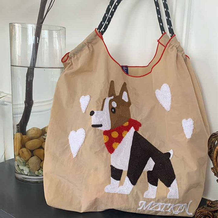 Süße Handtasche mit Hundestickerei, langlebige Umhängetasche mit Kordelzug für Damen