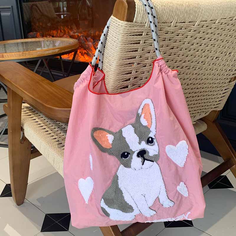 Süße Handtasche mit Hundestickerei, langlebige Umhängetasche mit Kordelzug für Damen