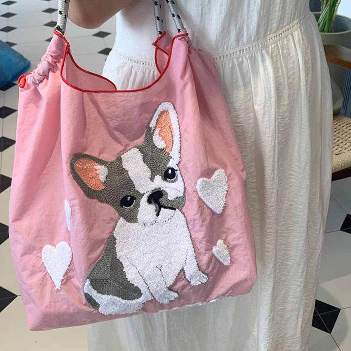 Süße Handtasche mit Hundestickerei, langlebige Umhängetasche mit Kordelzug für Damen