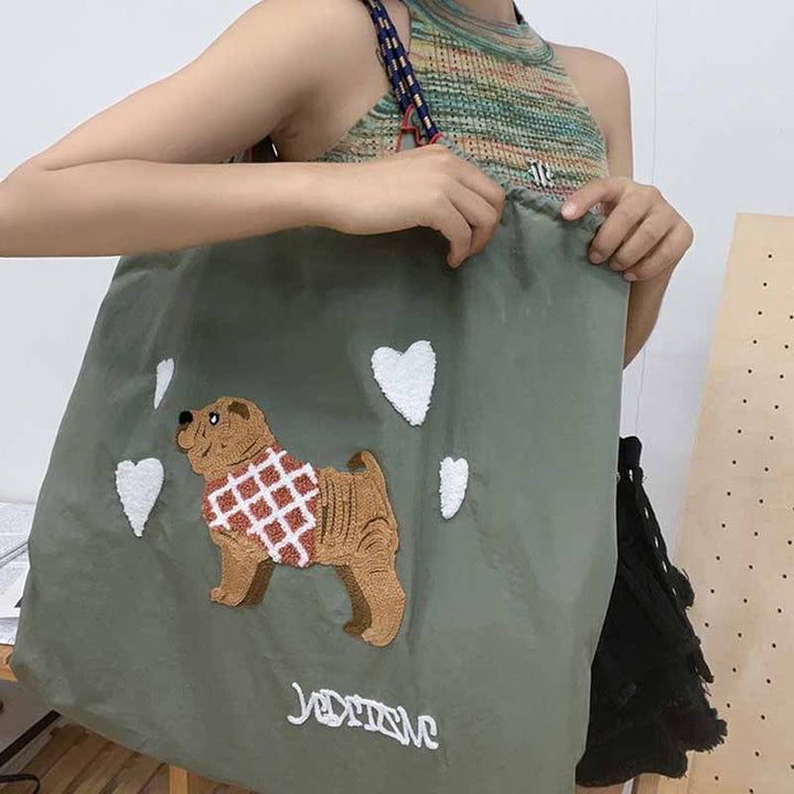 Süße Handtasche mit Hundestickerei, langlebige Umhängetasche mit Kordelzug für Damen