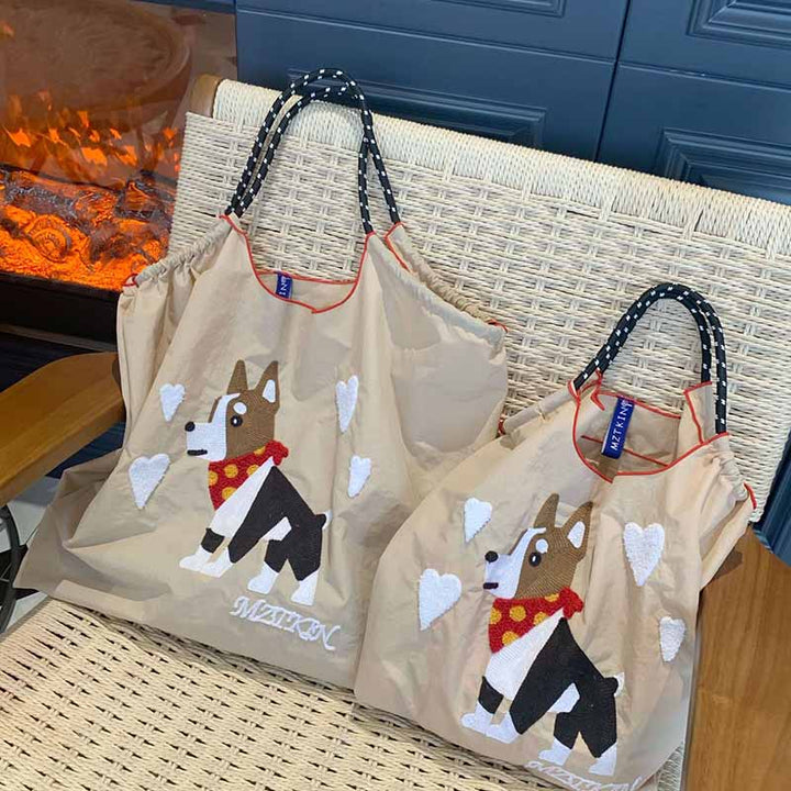 Süße Handtasche mit Hundestickerei, langlebige Umhängetasche mit Kordelzug für Damen
