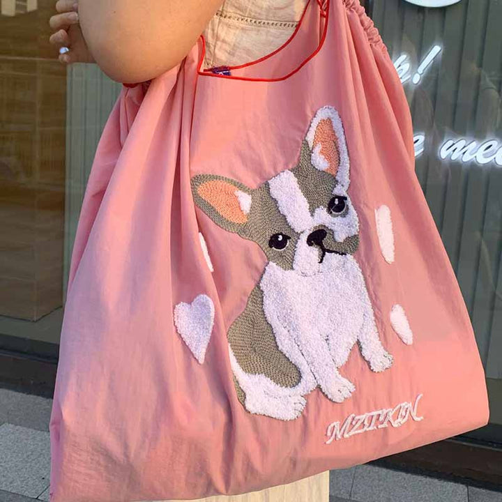 Süße Handtasche mit Hundestickerei, langlebige Umhängetasche mit Kordelzug für Damen