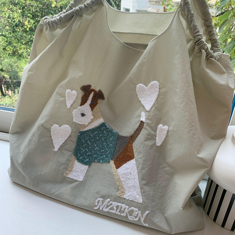 Süße Handtasche mit Hundestickerei, langlebige Umhängetasche mit Kordelzug für Damen