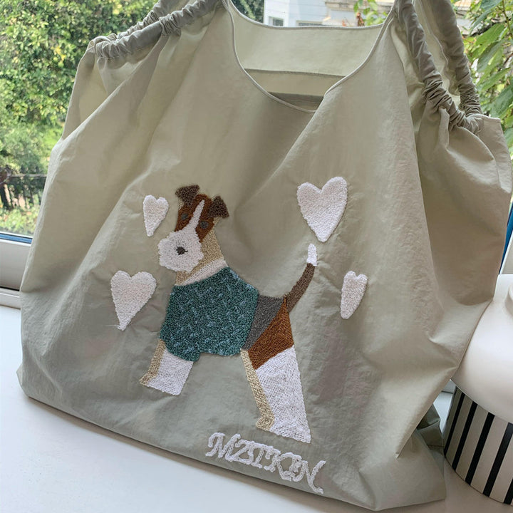 Süße Handtasche mit Hundestickerei, langlebige Umhängetasche mit Kordelzug für Damen