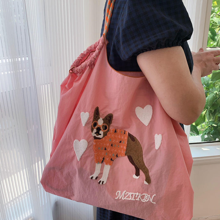 Süße Handtasche mit Hundestickerei, langlebige Umhängetasche mit Kordelzug für Damen